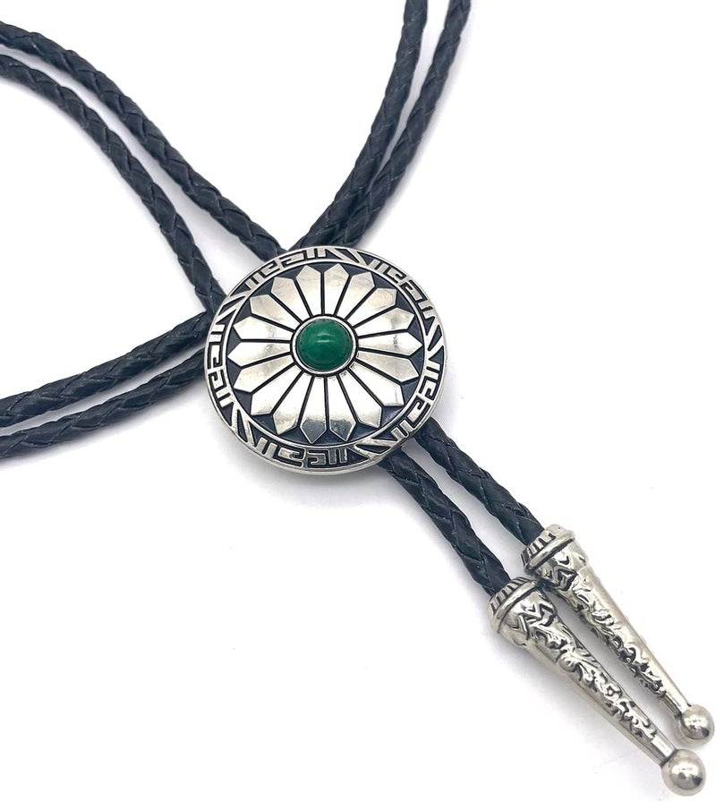YOQUCOL Vintage American Western Cowboy Indian Art Stone Genunie Leather Bolo Tie For Men Women - Image 3